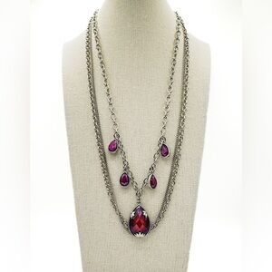Boho Bordeaux Teardrop Necklace, Mixed Metal Multistrand Silver Statement Piece